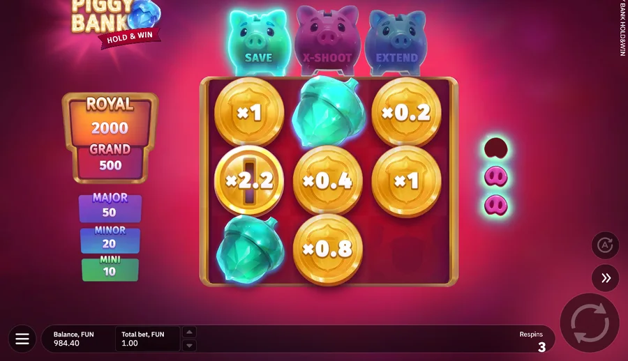 Bonus round with three respins and a 0.2x coin